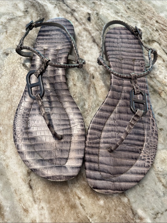 Tory Burch Shoes - Tory Burch Croc-Embossed Gray T-Strap Sandals